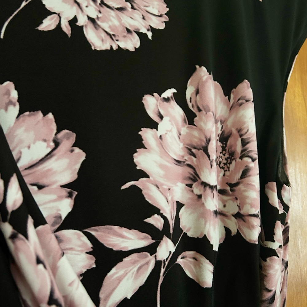 Connected Apparel, Black/Pink Floral, Faux Wrap Midi Dress, EUC, Size 12 - Picture 3 of 6
